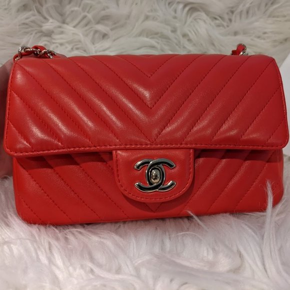 Chanel red mini rectagular lambskin chevron flap - Picture 1 of 10